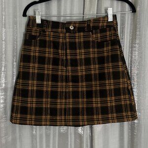 high waisted A-line brown and black tartan mini skirt
